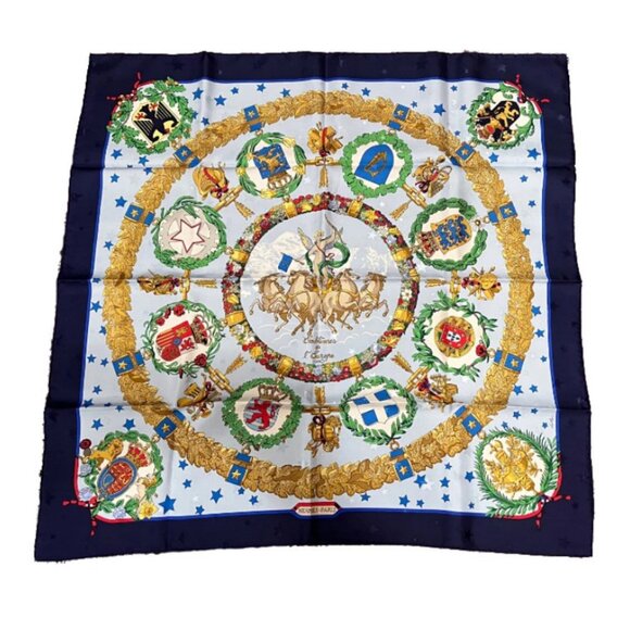 Authentic RARE! Hermes Emblemes De L'Europe Vintage 90cm Silk Scarf - Picture 1 of 7